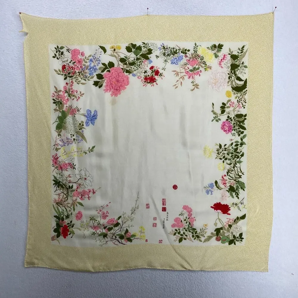MUSEUM OF FINE ART Scarf 100% Silk Hand Rolled Floral Square Yellow VTG 32x32